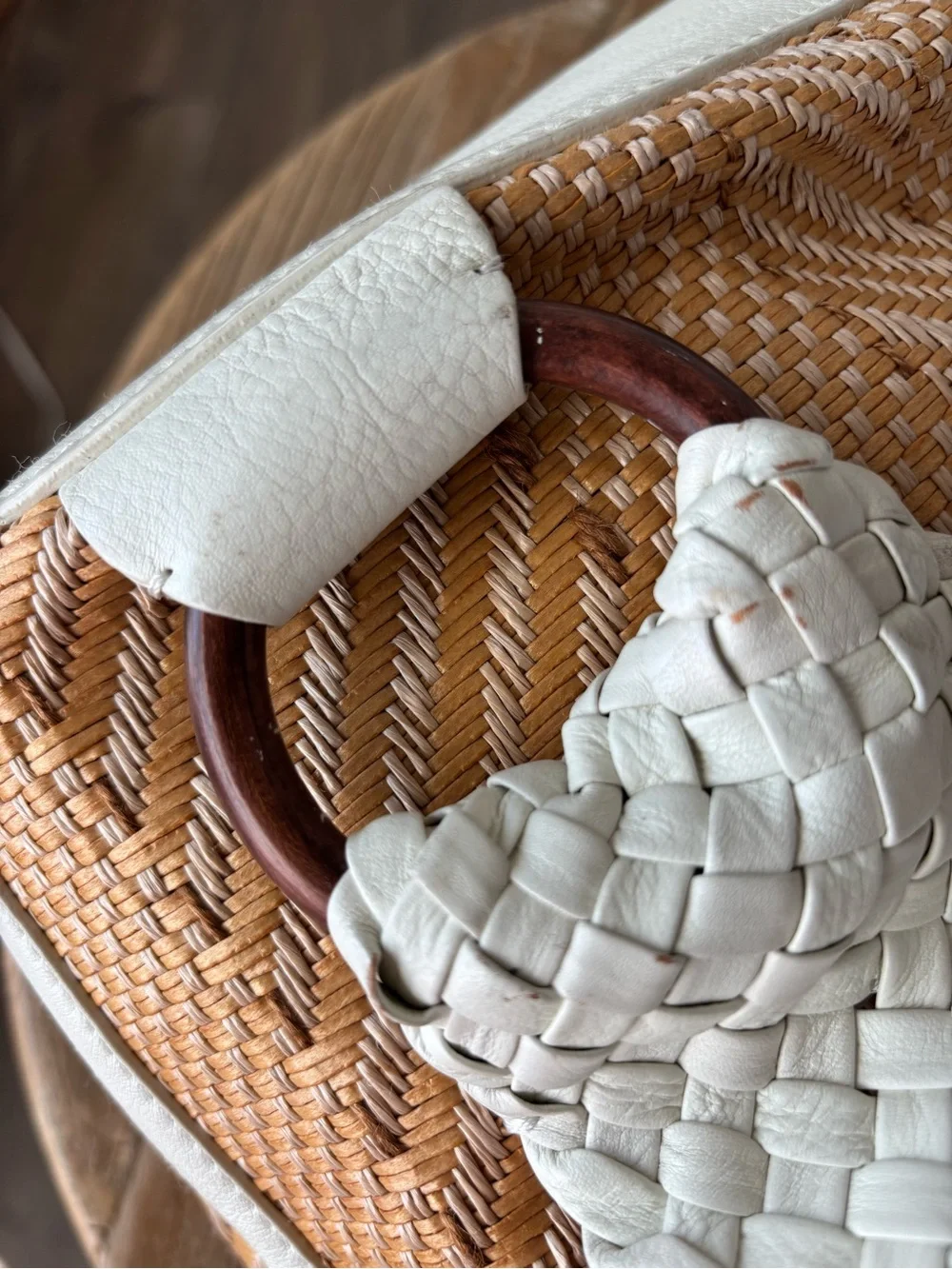 Cole Haan Tarran Tote Bag White Leather and Woven Straw